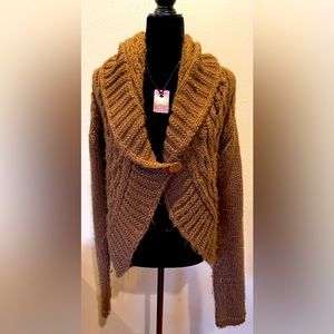 Dark brown cable, knit shawl sweater from Olivia sky, size is extra large.